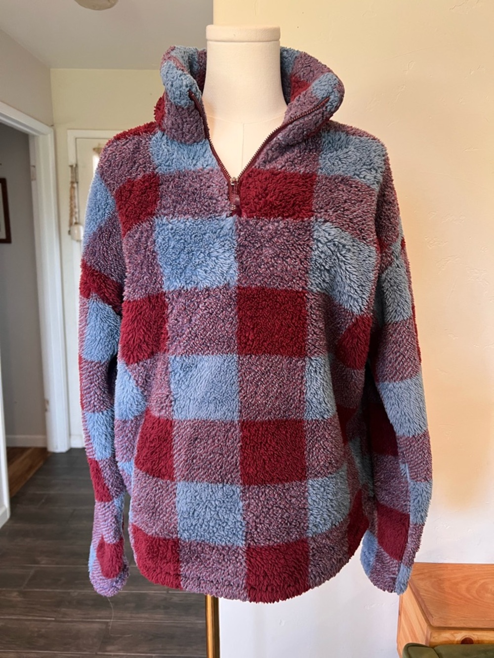 Eddie Bauer Plush Half-Zip Turtleneck Sweater - Blue & Burgundy Check